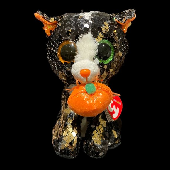 TY Flippables Sequin Plush - JINX the Black Cat with Pumpkin (Regular Size - 6") - Picture 1 of 4